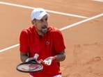 Novak Djokovic, of Serbia, reacts after losing a point as he plays Tomas Machac, of the Czech Republic, during their semi-final match, at the ATP 250 Geneva Open tennis tournament in Geneva, Switzerland, Friday, May 24