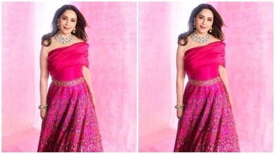 On Thursday, Madhuri gave her fans a sweet surprise as the actress took to Instagram and uploaded a series of stunning pictures accompanied by the caption "Basking in pink glow". In the post, she can be seen looking like an ethereal princess in a stunning pink ethnic ensemble. (Instagram/@madhuridixitnene) On Thursday, Madhuri gave her fans a sweet surprise as the actress took to Instagram and uploaded a series of stunning pictures accompanied by the caption "Basking in pink glow". In the post, she can be seen looking like an ethereal princess in a stunning pink ethnic ensemble. (Instagram/@madhuridixitnene)