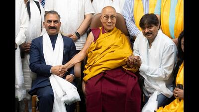 Amidst the hectic election schedule, chief minister Sukhvinder Singh Sukhu called upon the Tibetan spiritual leader, the Dalai Lama, at his residence in Dharamshala’s McLeodganj. (HT Photo)