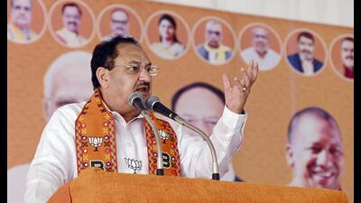 BJP national president JP Nadda addresses a public meeting for Lok Sabha elections, in Kushinagar district, Friday. (PTI Photo)