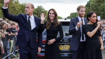 Royal commentator highlights Prince William and Kate Middleton's distress over Prince Harry and Meghan Markle's brand operations during trying times. (AFP) Royal commentator highlights Prince William and Kate Middleton's distress over Prince Harry and Meghan Markle's brand operations during trying times. (AFP)
