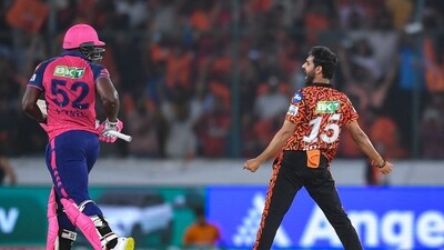 Sunrisers Hyderabad's Bhuvneshwar Kumar celebrates after taking the wicket of Rajasthan Royals' Rovman Powell (L) during the Indian Premier League (IPL) Twenty20 cricket match between Sunrisers Hyderabad and Rajasthan Royals (AFP) Sunrisers Hyderabad's Bhuvneshwar Kumar celebrates after taking the wicket of Rajasthan Royals' Rovman Powell (L) during the Indian Premier League (IPL) Twenty20 cricket match between Sunrisers Hyderabad and Rajasthan Royals (AFP)