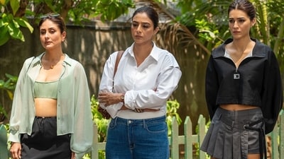 Kareena, Tabu and Kriti in a still from their film Crew Kareena, Tabu and Kriti in a still from their film Crew