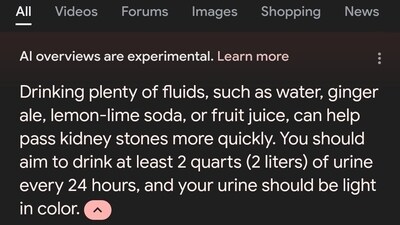 Users pointed out on social media that Google was still recommending drinking of urine as an effective method for quickly passing kidney stones. Users pointed out on social media that Google was still recommending drinking of urine as an effective method for quickly passing kidney stones.
