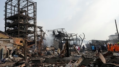 Maharashtra Chief Minister Eknath Shinde announced a compensation of <span class='webrupee'>₹</span>5 lakh each to the kin of the deceased while assuring that the government would take care of the treatment of the injured. (AP) Maharashtra Chief Minister Eknath Shinde announced a compensation of <span class='webrupee'>₹</span>5 lakh each to the kin of the deceased while assuring that the government would take care of the treatment of the injured. (AP)