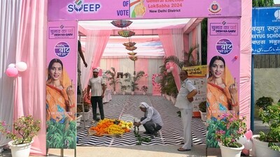 A pink booth being set up by NDMC on the eve of the sixth phase of Lok Sabha polls, at Navyug School, Vinay Marg, in New Delhi on Friday. (ANI) A pink booth being set up by NDMC on the eve of the sixth phase of Lok Sabha polls, at Navyug School, Vinay Marg, in New Delhi on Friday. (ANI)
