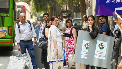 New Delhi, India - May 24, 2024: Polling officials with EVM machines as they collect and sort polling material ahead of the 2024 Loksabha elections to be held tomorrow, at Gol Market in New Delhi, India, on Friday, May 24, 2024. (Photo by Raj K Raj/ Hindustan Times) (Raj K Raj/HT Photo) New Delhi, India - May 24, 2024: Polling officials with EVM machines as they collect and sort polling material ahead of the 2024 Loksabha elections to be held tomorrow, at Gol Market in New Delhi, India, on Friday, May 24, 2024. (Photo by Raj K Raj/ Hindustan Times) (Raj K Raj/HT Photo)
