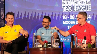 Former cricketers Brett Lee, Parthiv Patel and Graeme Swann during the launch of the Legends Intercontinental T20 Cricket League (PTI)