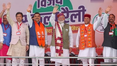 In the morning, PM Narendra Modi addressed the BJP's Vijay Sankalp rally at Chaugan Ground in Nahan, the district headquarters of Sirmaur, in support of BJP candidate Suresh Kashyap. (PTI) In the morning, PM Narendra Modi addressed the BJP's Vijay Sankalp rally at Chaugan Ground in Nahan, the district headquarters of Sirmaur, in support of BJP candidate Suresh Kashyap. (PTI)