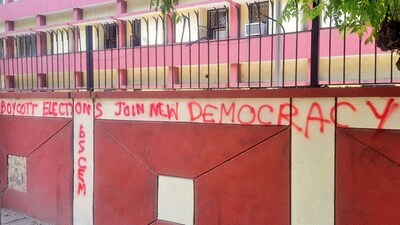 The graffiti slogans on Thursday included ‘Boycott elections, join new democracy,’ and another in Hindi, ‘Chunav Ka Bahishkar Karo.’ (ANI) The graffiti slogans on Thursday included ‘Boycott elections, join new democracy,’ and another in Hindi, ‘Chunav Ka Bahishkar Karo.’ (ANI)