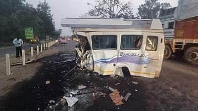 The mangled remains of the Tempo Traveller that rammed into a truck on National Highway-44 in Ambala cantonment on Friday. (HT Photo)