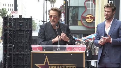 Robert Downey Jr roasted Chris Hemsworth at his Hollywood Walk of Fame ceremony. (Pic courtesy: Variety) Robert Downey Jr roasted Chris Hemsworth at his Hollywood Walk of Fame ceremony. (Pic courtesy: Variety)