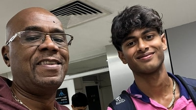 Ian Bishop posts a picture with RR's young net bowler Yash (X) Ian Bishop posts a picture with RR's young net bowler Yash (X)