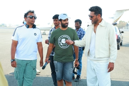 Charan Tej Uppalapati with Prabhu Deva on the sets of his debut film. Charan Tej Uppalapati with Prabhu Deva on the sets of his debut film.