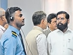 Mumbai, India. May 24, 2024: Maharashtra Chief Minister Eknath Shinde, along with Mumbai's Guardian Minister Deepak Kesarkar and Mangal Prabhat Lodha, visited the BMC Disaster Management Control Room to review monsoon preparedness at the BMC head office on Friday. BMC Commissioner Bhushan Gagrani was also present during the Chief Minister's visit. May 24, 2024. (Photo by Raju Shinde/HT Photo) Mumbai, India. May 24, 2024: Maharashtra Chief Minister Eknath Shinde, along with Mumbai's Guardian Minister Deepak Kesarkar and Mangal Prabhat Lodha, visited the BMC Disaster Management Control Room to review monsoon preparedness at the BMC head office on Friday. BMC Commissioner Bhushan Gagrani was also present during the Chief Minister's visit. May 24, 2024. (Photo by Raju Shinde/HT Photo)