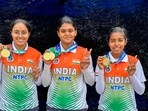 Parneet Kaur, Jyothi Surekha Vennam and Aditi Swami after winning compound women's team gold medal at Archery World Cup