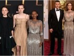 Angelina Jolie with her kids at Eternals premiere (2021), Angelina Jolie with Brad Pitt at 2014 Oscars.