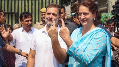 Congress leader Rahul Gandhi and General Secretary Priyanka Gandhi Vadra after casting their votes, in New Delhi. (Raj K Raj / Hindustan Times) Congress leader Rahul Gandhi and General Secretary Priyanka Gandhi Vadra after casting their votes, in New Delhi. (Raj K Raj / Hindustan Times)