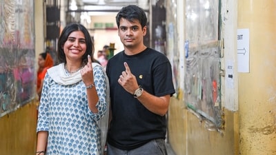 Congress General Secretary Priyanka Gandhi's children, Miraya and Raihan Vadra show their ink-marked fingers in New Delhi. This was Miraya's first time as a voter. (Raj K Raj / Hindustan Times) Congress General Secretary Priyanka Gandhi's children, Miraya and Raihan Vadra show their ink-marked fingers in New Delhi. This was Miraya's first time as a voter. (Raj K Raj / Hindustan Times)