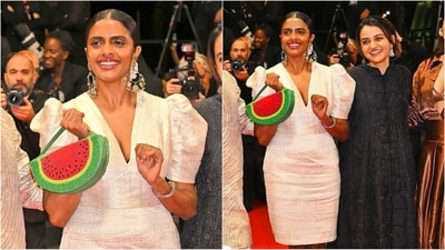 Kani Kusruti's watermelon clutch on the Cannes 2024 red carpet combines glamour and a powerful political statement. (Instagram) Kani Kusruti's watermelon clutch on the Cannes 2024 red carpet combines glamour and a powerful political statement. (Instagram)