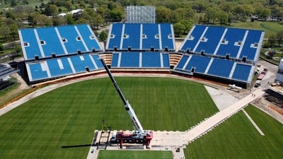 The newly-built Nassau County International Cricket Stadium, near New York, was launched on May 15, 2024 with the sport's world body "excited" to conquer new territories through the T20 World Cup in June. The 34,000-capacity stadium, with infrastructure from the Las Vegas Formula 1 circuit and drop-in pitches prepared in Florida, will host the hotly-anticipated India-Pakistan clash on June 9, among its eight scheduled World Cup games. (Photo by Cecilia SANCHEZ / AFP) (AFP) The newly-built Nassau County International Cricket Stadium, near New York, was launched on May 15, 2024 with the sport's world body "excited" to conquer new territories through the T20 World Cup in June. The 34,000-capacity stadium, with infrastructure from the Las Vegas Formula 1 circuit and drop-in pitches prepared in Florida, will host the hotly-anticipated India-Pakistan clash on June 9, among its eight scheduled World Cup games. (Photo by Cecilia SANCHEZ / AFP) (AFP)