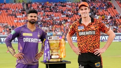 Kolkata Knight Riders' captain Shreyas Iyer and Sunrisers Hyderabad's captain Pat Cummins pose for a picture with the Indian Premier League 2024 trophy. (IPL-X) Kolkata Knight Riders' captain Shreyas Iyer and Sunrisers Hyderabad's captain Pat Cummins pose for a picture with the Indian Premier League 2024 trophy. (IPL-X)