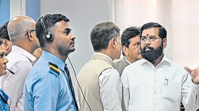 Mumbai, India. May 24, 2024: Maharashtra Chief Minister Eknath Shinde, along with Mumbai's Guardian Minister Deepak Kesarkar and Mangal Prabhat Lodha, visited the BMC Disaster Management Control Room to review monsoon preparedness at the BMC head office on Friday. BMC Commissioner Bhushan Gagrani was also present during the Chief Minister's visit. May 24, 2024. (Photo by Raju Shinde/HT Photo) Mumbai, India. May 24, 2024: Maharashtra Chief Minister Eknath Shinde, along with Mumbai's Guardian Minister Deepak Kesarkar and Mangal Prabhat Lodha, visited the BMC Disaster Management Control Room to review monsoon preparedness at the BMC head office on Friday. BMC Commissioner Bhushan Gagrani was also present during the Chief Minister's visit. May 24, 2024. (Photo by Raju Shinde/HT Photo)