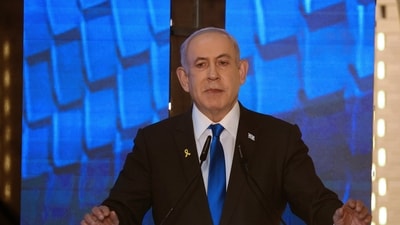 FILE - Israeli Prime Minister Benjamin Netanyahu addresses a ceremony marking Memorial Day for fallen soldiers of Israel's wars and victims of attacks at Jerusalem's Mount Herzl military cemetery Monday, May 13, 2024. (Gil Cohen-Magen/Pool Photo via AP) (AP) FILE - Israeli Prime Minister Benjamin Netanyahu addresses a ceremony marking Memorial Day for fallen soldiers of Israel's wars and victims of attacks at Jerusalem's Mount Herzl military cemetery Monday, May 13, 2024. (Gil Cohen-Magen/Pool Photo via AP) (AP)