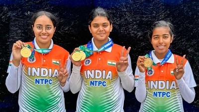Parneet Kaur, Jyothi Surekha Vennam and Aditi Swami after winning compound women's team gold medal at Archery World Cup (PTI) Parneet Kaur, Jyothi Surekha Vennam and Aditi Swami after winning compound women's team gold medal at Archery World Cup (PTI)