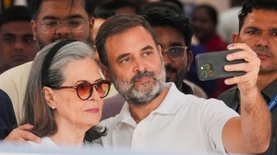 The mother-son duo also clicked a selfie outside the polling station after casting their votes. (PTI) The mother-son duo also clicked a selfie outside the polling station after casting their votes. (PTI)