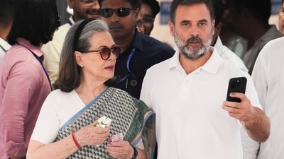 After casting his vote, Rahul Gandhi also posted a picture with Sonia Gandhi, displaying their inked fingers. (PTI) After casting his vote, Rahul Gandhi also posted a picture with Sonia Gandhi, displaying their inked fingers. (PTI)
