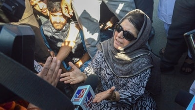 PDP chief Mehbooba Mufti sits on a protest after the alleged detention of her party workers, on the day of voting in the sixth phase of Lok Sabha elections, in Anantnag district, Saturday, May 25, 2024. (PTI) PDP chief Mehbooba Mufti sits on a protest after the alleged detention of her party workers, on the day of voting in the sixth phase of Lok Sabha elections, in Anantnag district, Saturday, May 25, 2024. (PTI)