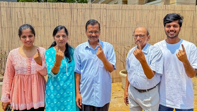Delhi Chief Minister Arvind Kejriwal, along with his family members, including his wife Sunita Kejriwal, cast their ballots at a polling booth in the Civil Lines area of the Chandni Chowk Lok Sabha constituency in New Delhi on Saturday. (PTI) Delhi Chief Minister Arvind Kejriwal, along with his family members, including his wife Sunita Kejriwal, cast their ballots at a polling booth in the Civil Lines area of the Chandni Chowk Lok Sabha constituency in New Delhi on Saturday. (PTI)