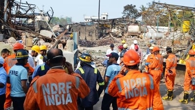 Rescue workers, including personnel from the National Disaster Relief Force (NDRF), scrutinised the debris manually as well as with machines to check for bodies or body parts. (Pramod Tambe) Rescue workers, including personnel from the National Disaster Relief Force (NDRF), scrutinised the debris manually as well as with machines to check for bodies or body parts. (Pramod Tambe)