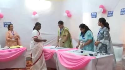 President Murmu reached the polling booth at Dr Rajendra Prasad Kendriya Vidyalaya, inside the President's Estate, around 9 am, officials said. (ANI) President Murmu reached the polling booth at Dr Rajendra Prasad Kendriya Vidyalaya, inside the President's Estate, around 9 am, officials said. (ANI)