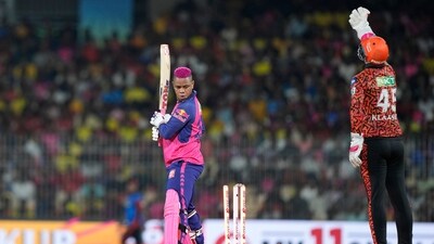 Rajasthan Royals' Shimron Hetmyer reacts after getting bowled out by Sunrisers Hyderabad's Abhishek Sharma (AP) Rajasthan Royals' Shimron Hetmyer reacts after getting bowled out by Sunrisers Hyderabad's Abhishek Sharma (AP)