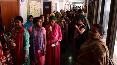Voters stand in line at Kakrola village under Dwarka in Delhi, on Saturday. (Vipin Kumar/HT Photo) Voters stand in line at Kakrola village under Dwarka in Delhi, on Saturday. (Vipin Kumar/HT Photo)