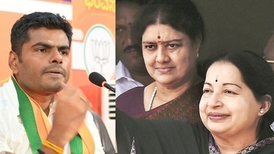 BJP leader K Annamalai and Tamil Nadu ex-CM J Jayalalitha and Sasikala (File) BJP leader K Annamalai and Tamil Nadu ex-CM J Jayalalitha and Sasikala (File)