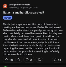 Reddit post on Hardik Pandya and Natasa Stankovic Reddit post on Hardik Pandya and Natasa Stankovic