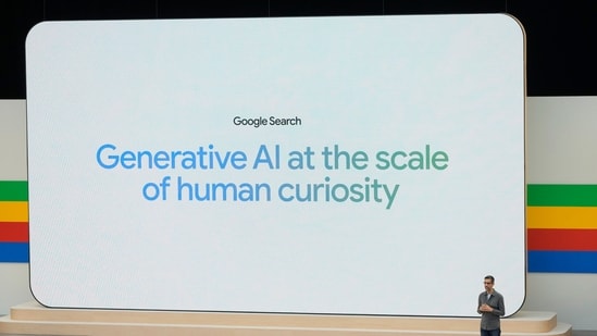 Alphabet CEO Sundar Pichai speaks at a Google I/O event in Mountain View, Calif., Tuesday, May 14, 2024. (AP Photo/Jeff Chiu) (AP)