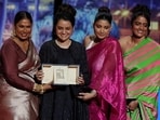 Payal Kapadia with the team of All We Imagine as Light after winning Grand Prix award at Cannes Film Festival.
