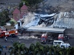 A view shows the burned TRP Game Zone in Rajkot after a fire broke out on Saturday.