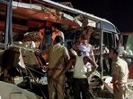 Rescue work underway after a dumper truck overturned on a bus, in Shahjahanpur, Saturday night, May 25, 2024. Rescue work underway after a dumper truck overturned on a bus, in Shahjahanpur, Saturday night, May 25, 2024.