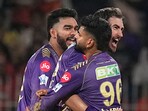 IPL 2024 Final: Kolkata Knight Riders' Mitchell Starc celebrates with teammates after taking the wicket of Sunrisers Hyderabad batter Abhishek Sharma. 