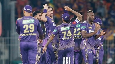 Kolkata Knight Riders' Mitchell Starc, Andre Russel and teammates celebrate the dismissal of Sunrisers Hyderabad's Abhishek Sharma in the Indian Premier League 2024 final (ANI) Kolkata Knight Riders' Mitchell Starc, Andre Russel and teammates celebrate the dismissal of Sunrisers Hyderabad's Abhishek Sharma in the Indian Premier League 2024 final (ANI)