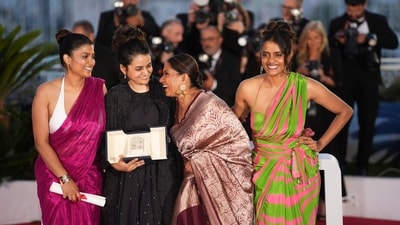 Payal Kapadia, second from left , winner of the grand prize for 'All We Imagine as Light,' poses with Divya Prabha, from left, Chhaya Kadam and Kani Kusruti during the photo call following the awards ceremony at the 77th international film festival, Cannes, southern France, Saturday, May 25, 2024. (Photo by Scott A Garfitt/Invision/AP/PTI)(AP05_26_2024_000234A) (AP) Payal Kapadia, second from left , winner of the grand prize for 'All We Imagine as Light,' poses with Divya Prabha, from left, Chhaya Kadam and Kani Kusruti during the photo call following the awards ceremony at the 77th international film festival, Cannes, southern France, Saturday, May 25, 2024. (Photo by Scott A Garfitt/Invision/AP/PTI)(AP05_26_2024_000234A) (AP)