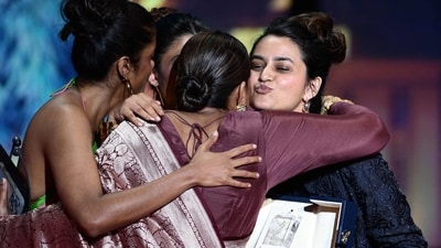 In her speech, Payal Kapadia thanked the three leading actors of the film -- Kani Kusruti, Divya Prabha and Chhaya Kadam -- and said the film would not have been possible without them. She was accompanied by the three actors on the stage. In her speech, Payal Kapadia thanked the three leading actors of the film -- Kani Kusruti, Divya Prabha and Chhaya Kadam -- and said the film would not have been possible without them. She was accompanied by the three actors on the stage.