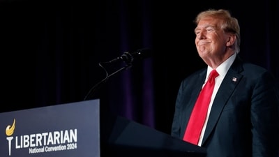 WASHINGTON, DC - MAY 25: Former U.S. President and Republican presidential candidate Donald Trump addresses the Libertarian Party National Convention at the Washington Hilton on May 25, 2024 in Washington, DC. (Getty Images via AFP) WASHINGTON, DC - MAY 25: Former U.S. President and Republican presidential candidate Donald Trump addresses the Libertarian Party National Convention at the Washington Hilton on May 25, 2024 in Washington, DC. (Getty Images via AFP)