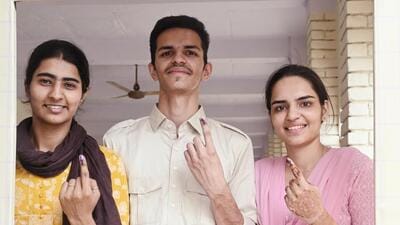 First time voters show their inked fingers after casting their votes at a polling booth in Chautala village in Sirsa, Haryana. (ANI) First time voters show their inked fingers after casting their votes at a polling booth in Chautala village in Sirsa, Haryana. (ANI)
