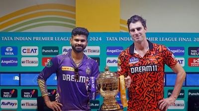 IPL Final 2024: KKR's captain Shreyas Iyer (left) and SRH's captain Pat Cummins (right) posing for a picture with the IPL 2024 trophy. (ANI) IPL Final 2024: KKR's captain Shreyas Iyer (left) and SRH's captain Pat Cummins (right) posing for a picture with the IPL 2024 trophy. (ANI)